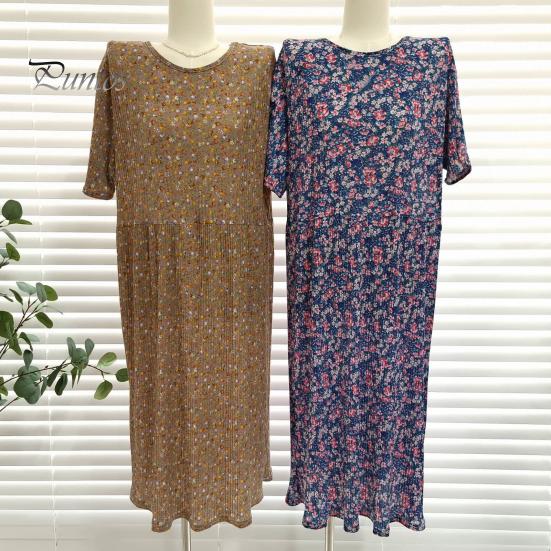 Summer Women Dress Small Flower Print Crew Neck Loose Short Sleeves Pleated Mid-calf Length Pullover Dating Shopping Midi Dress
