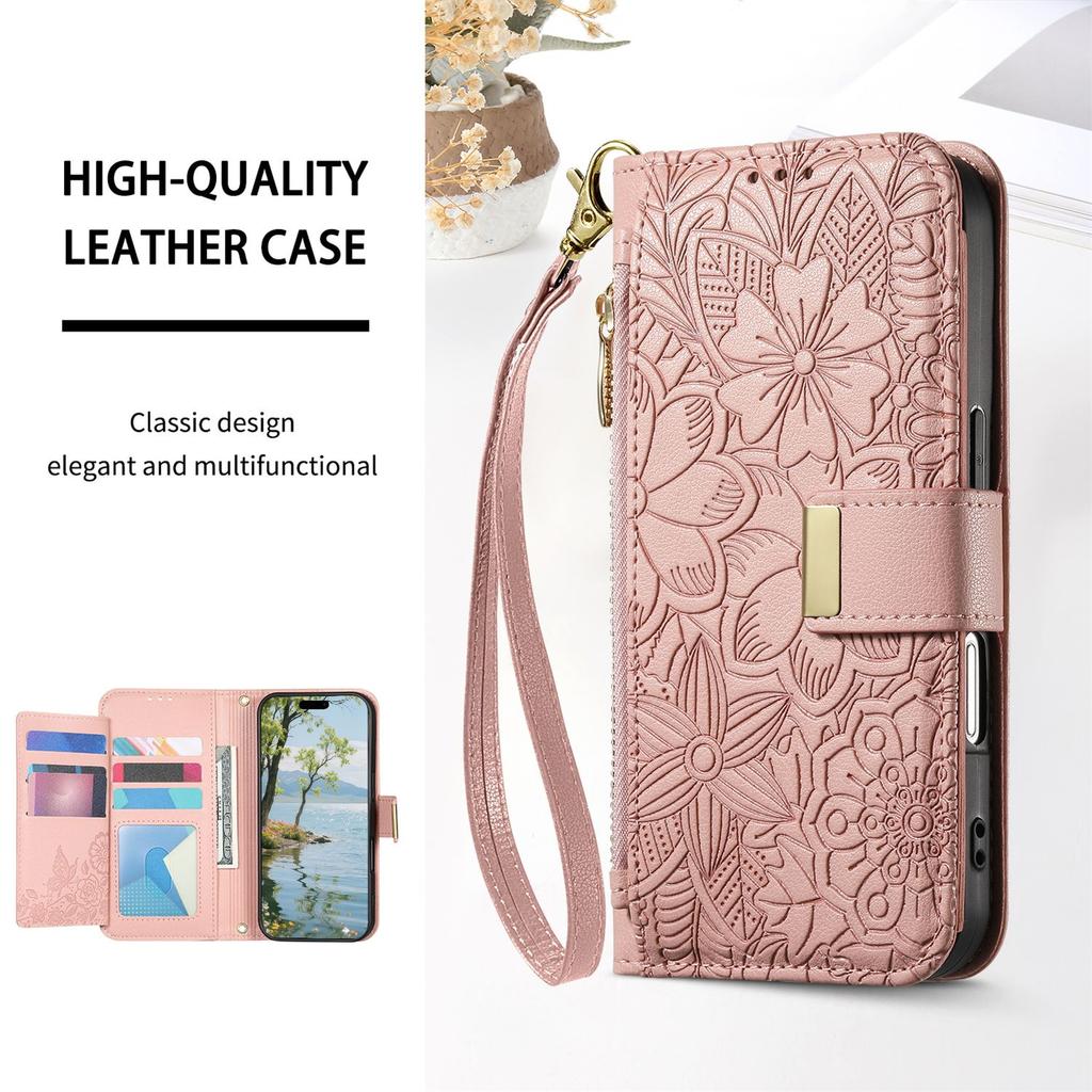 Floral Embossed Leather Wallet Flip Case for OPPO A6 A6X A6T A6S A6C A5 A5X A3 A3X A1 Pro 4G 5G Card Slots and Wrist Strap Cover