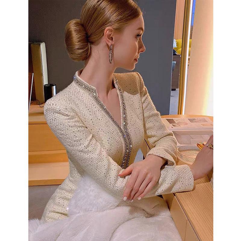 Autumn/Winter Celebrity Style V-Neck Slim Tweed Dress for Women