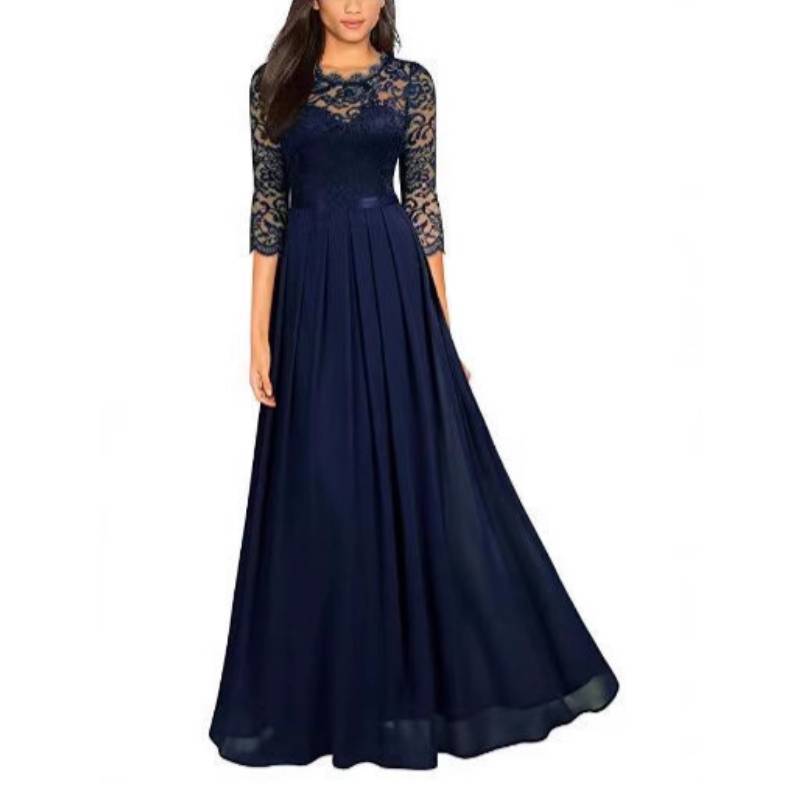 Elegante Abito Lungo in Pizzo da Donna con Tessuto in Chiffon Giuntato per Eventi Formali
