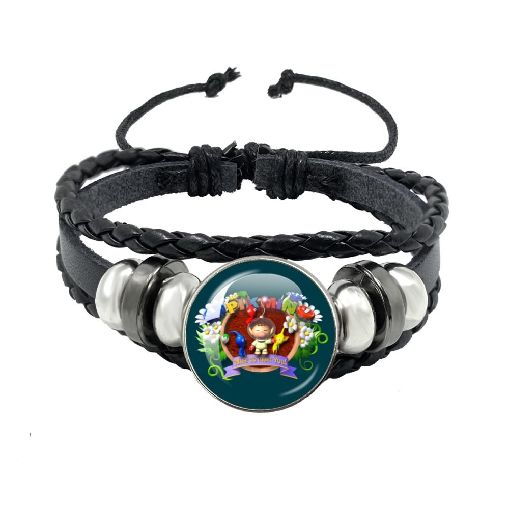 Creative Game Pikmin Cartoon Button Rope Button Glass Cabochon Handmade Black Leather Bracelet Jewelry Charm Gift