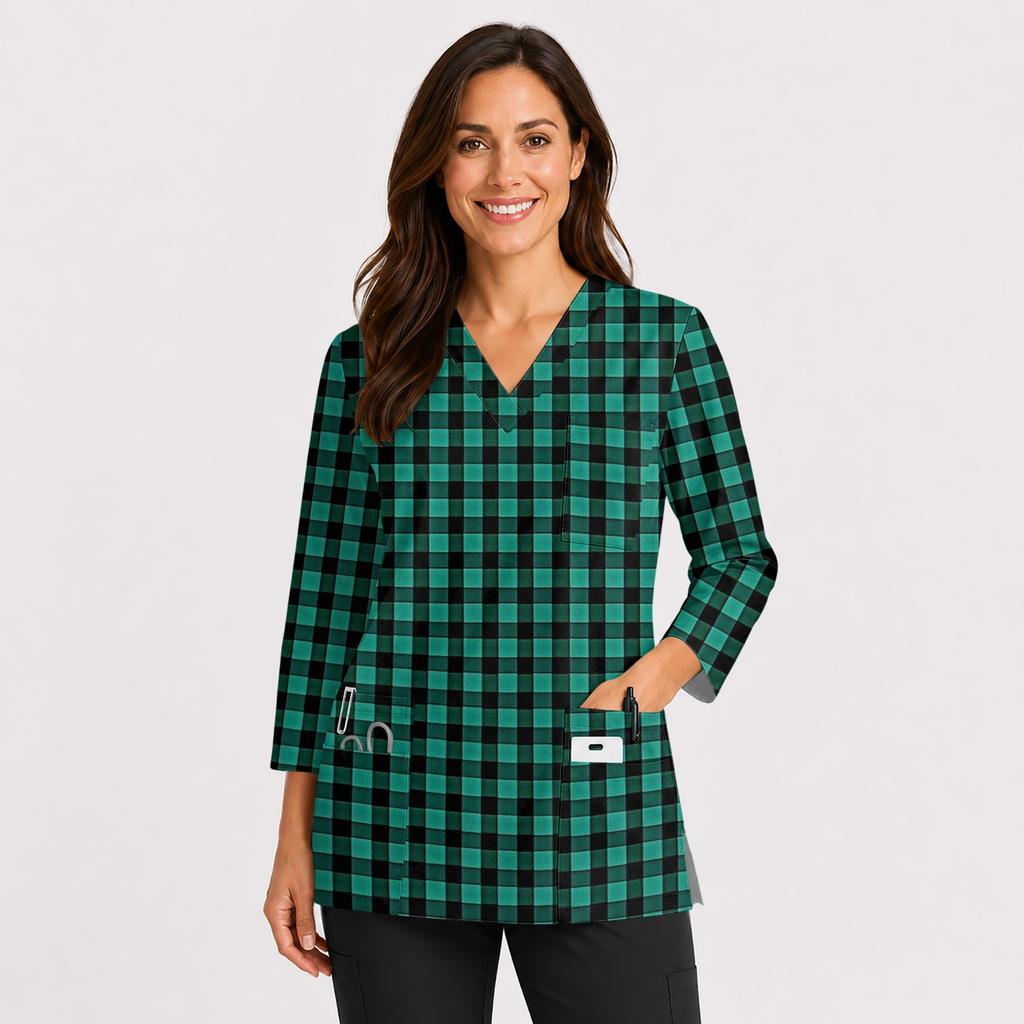 Women's V-Neck Scrub Top with Pockets and Side Slits, 3/4 Sleeve Uniform Work Top