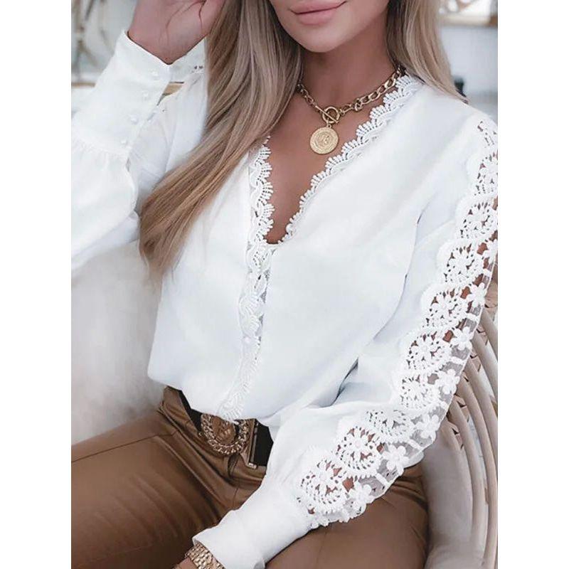 Ladies' V-neck Lace Patchwork Shirt Women's V-neck Lace Patchwork Long Sleeves Shirt