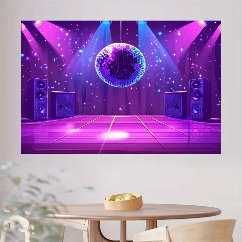 A design background themed around disco, featuring audio equipment and dance floor elements, decorated with bright colors.