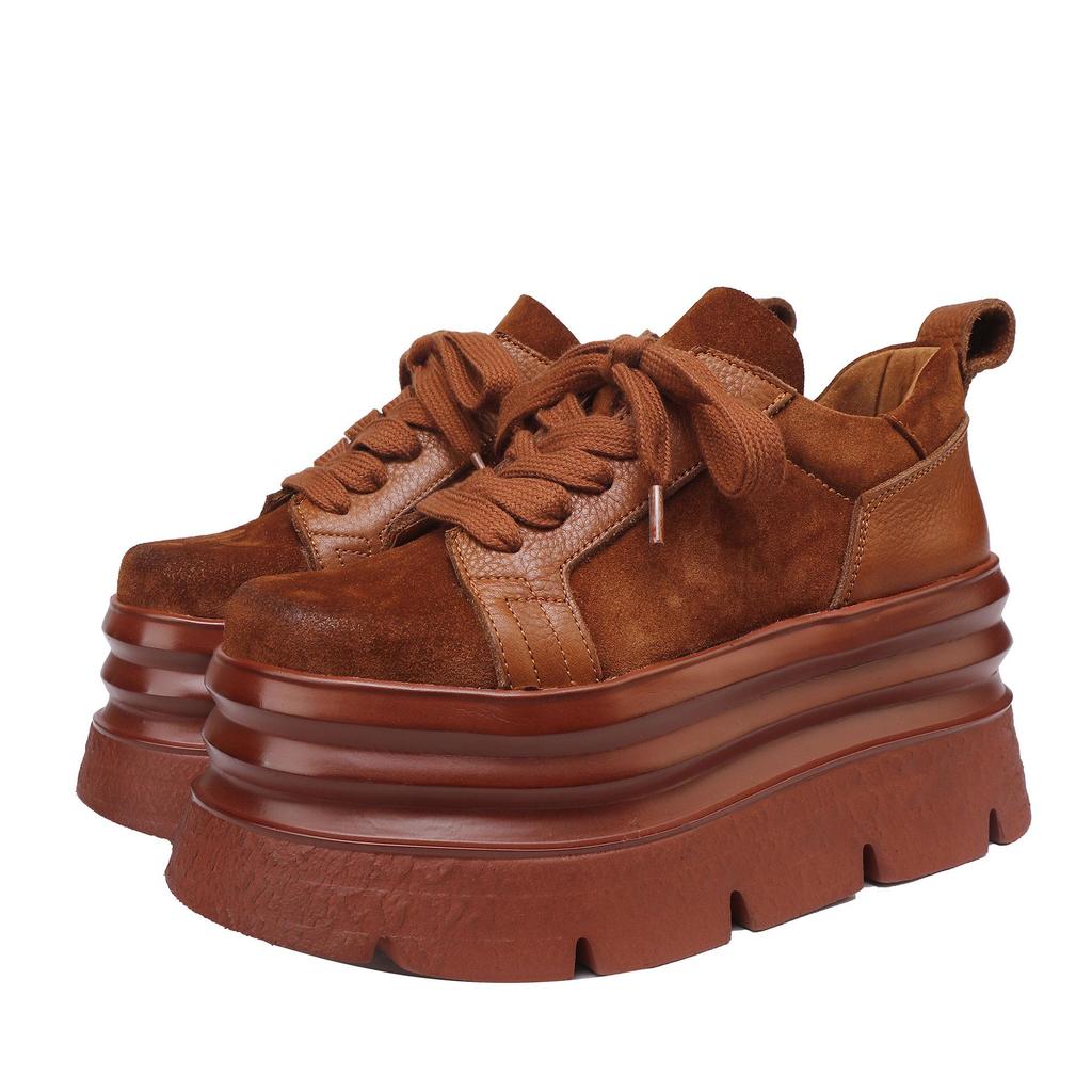 2025 Autumn/Winter Women's Cowhide Platform Lace-up Casual Shoes