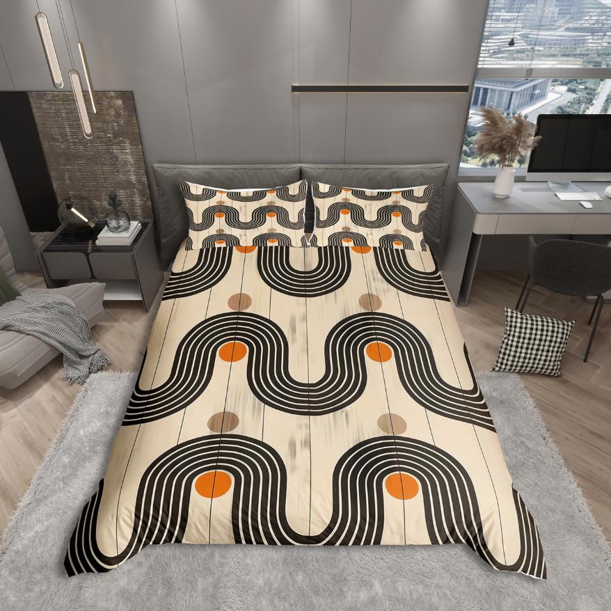 Homewish Trädblad Påslakanset,Geometriska Ränder Sängkläder,Mid Century Täcke Set