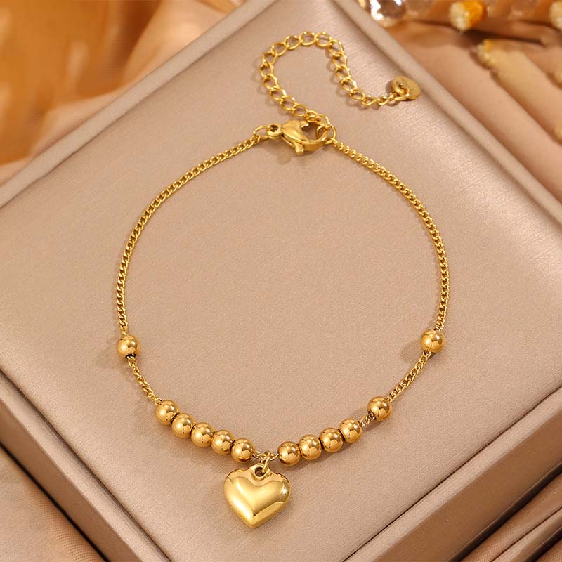 Stainless Steel Gold Color Heart Shape Pendant Bracelets For Women Fashion Metal Smooth Round Beads Ball Bangle Wrist Zircon