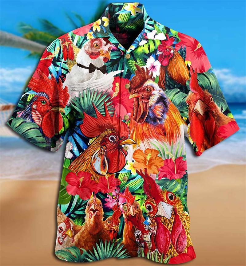 Latest Unisex Loose and Breathable 3D Printed Fashionable Chicken Shirt Beach Hawaiian Top Short Sleeved Summer Shirt