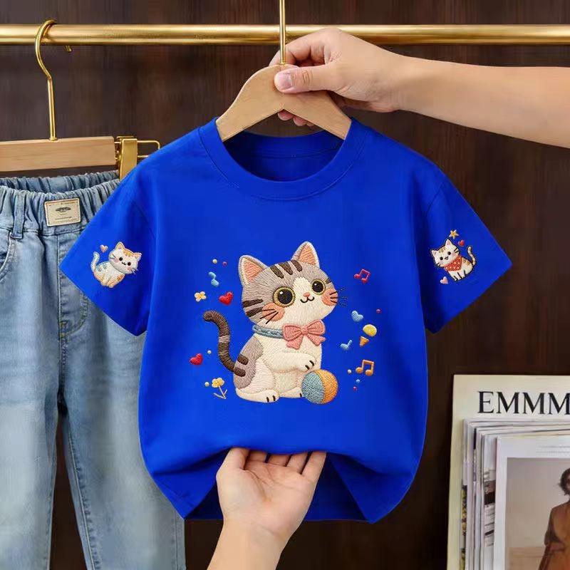 2026 Summer Children's Short-Sleeved Cute Cartoon Cat Print Baby Soft Cotton Multi-Purpose Loose-Fitting Breathable T-Shirt