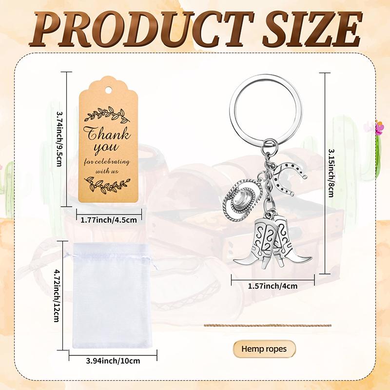 24 Set Cowboy Western Party Favors Cowboy Keychain Hat Boot Horse Shoe Keyring With Organza Bags Thank You Tags And Rope