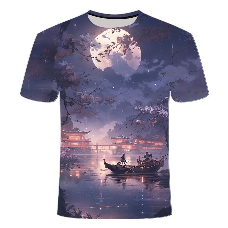 

2024 Лето 3D-печать с коротким рукавом в античном стиле Beautiful Night Series мужская и женская модная футболка с круглым вырезом 6XL