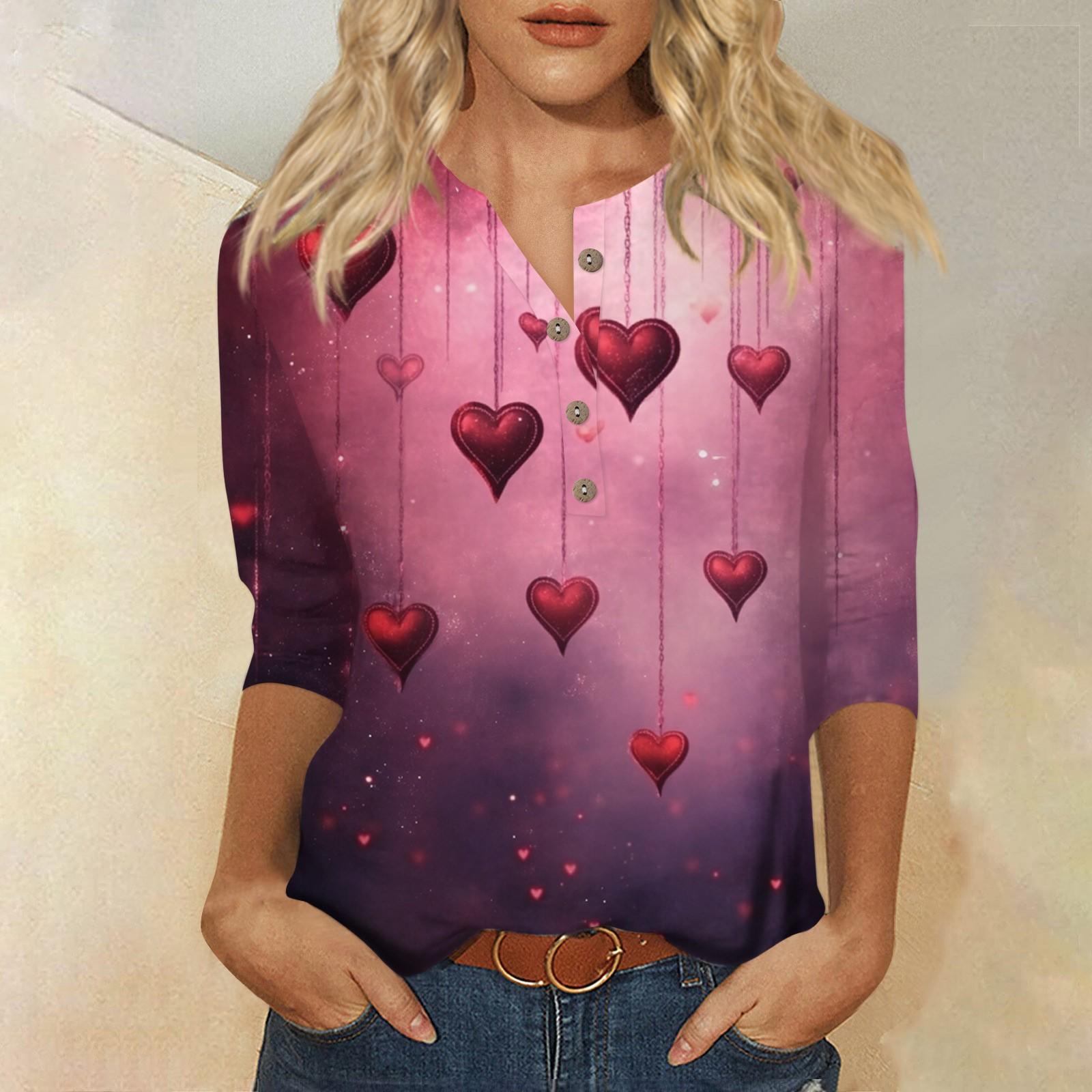 

Женская мода повседневная блузка с пуговицами и рукавом 3/4 с принтом ко Дню святого Валентина XL красный