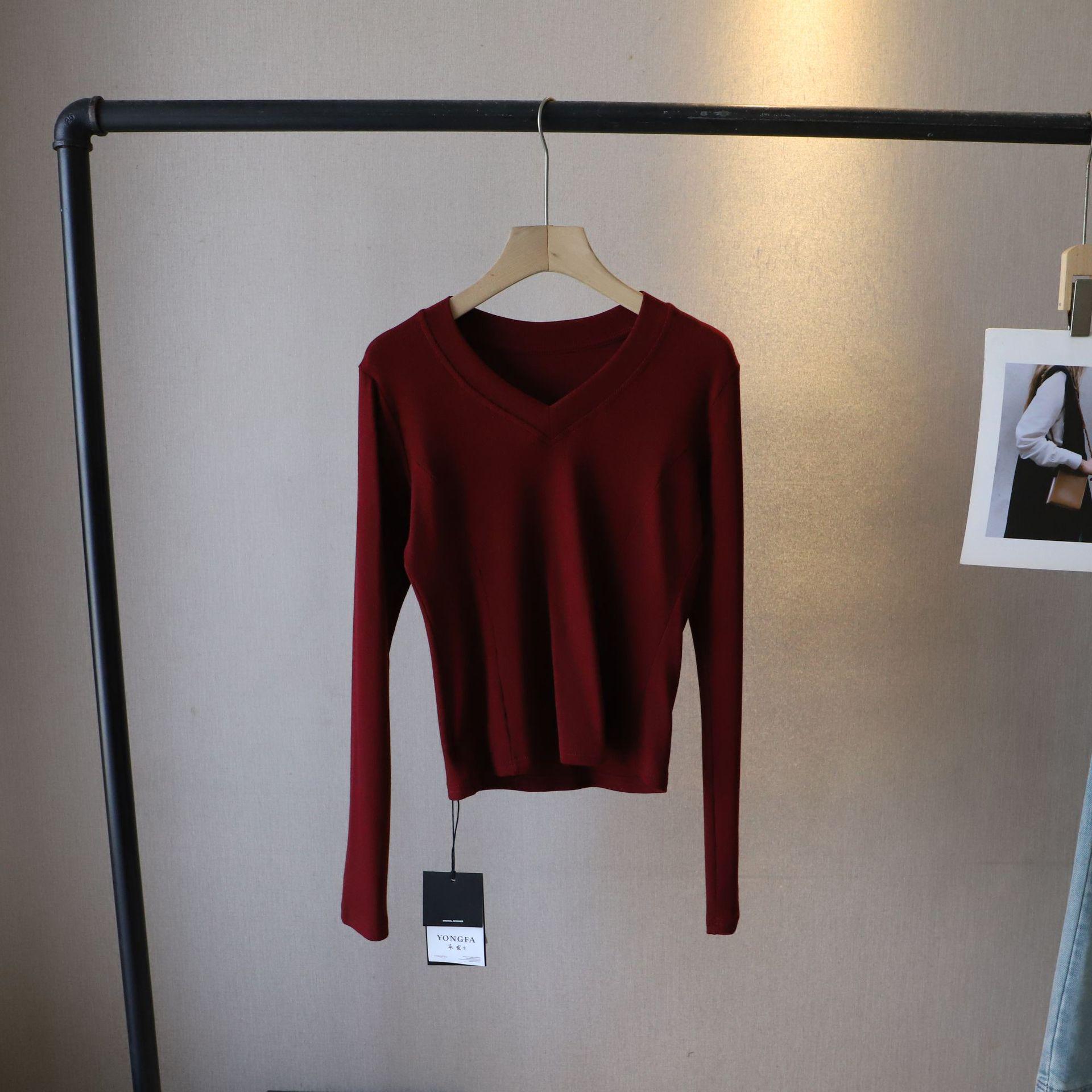 

Bi Zheng 2025 Весна Женский Облегающий Топ с V-образным Вырезом, Эластичный, с Длинным Рукавом One Size