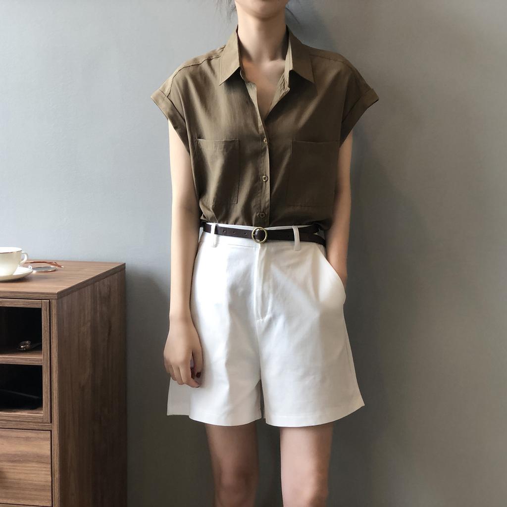 Women's White Shirt Summer Short Sleeved Design Sleeveless French Shirt Top