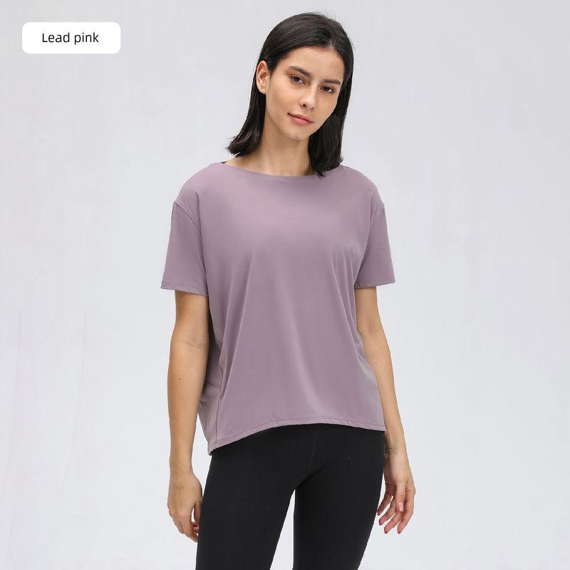 

Lu Same Sports Short sleeve T-shirt Women Summer Thin Sanding Nude Feel Versitile Fashion Breathable Simple Loose Yoga Clothes Lead pink L