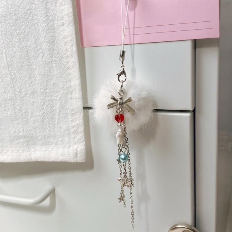 Fuzzy Balls Snowflake Star Bead Cellphone Strap Christmas Phone Lanyard Colorful Beaded Bag Charm Holiday Accessory