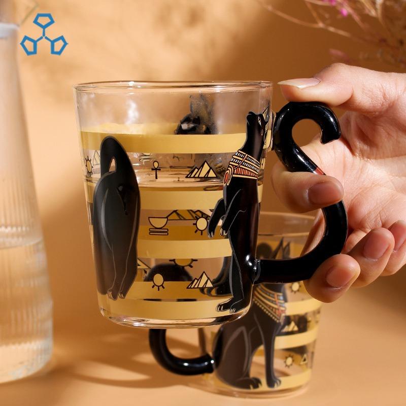 Black Cat Totem Glass Cup Classical Handmade Design High Borosilicate Heat Resistant Water Mug With Handle