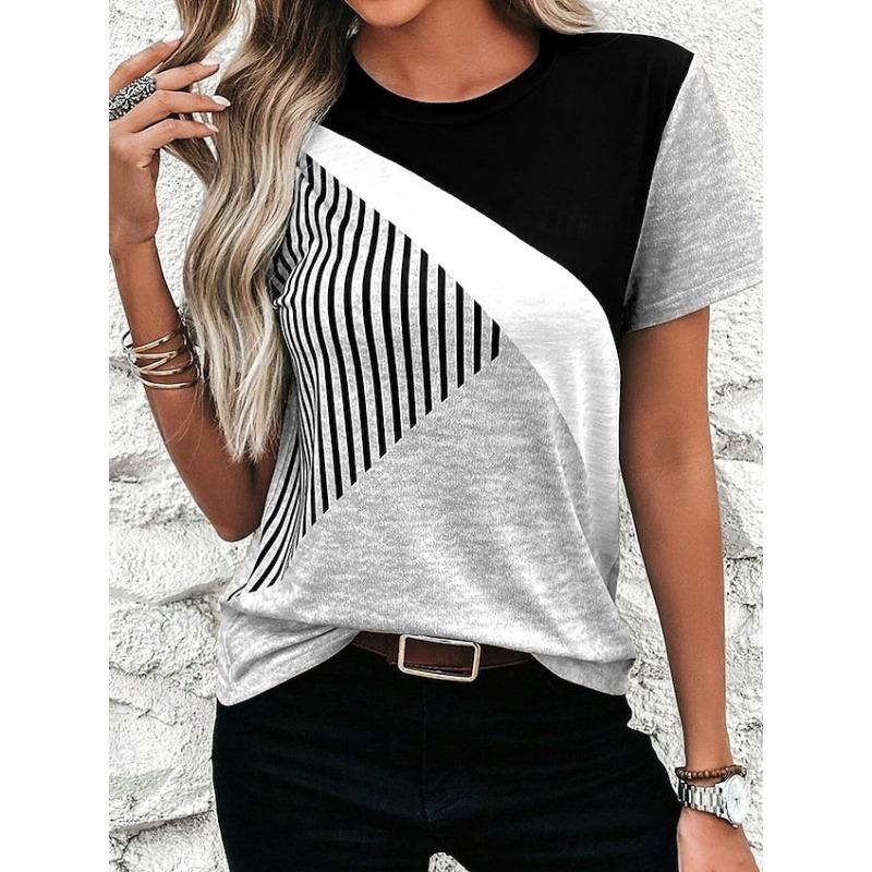 TIFICY Women s Fashion Casual Summer Spring Stripe Print Short Sleeve O-Neck Blouses & Shirts S серый