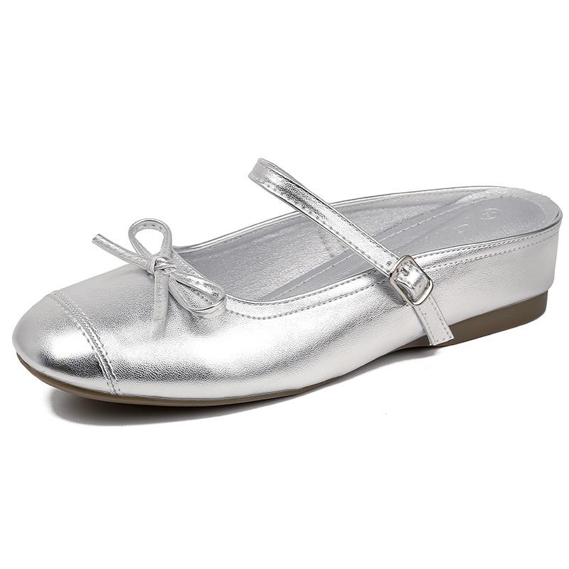 Small inner height increase silver bow bag head half slippers women's summer wear 2025 new one-word with thick bottom