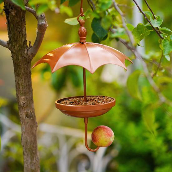 Umbrella-Shaped Bird Feeder Rustic Outdoor Wildbird Feeder with Rain Guard Decorative Hanging Platform Seeds Tray for Courtyard Balcony