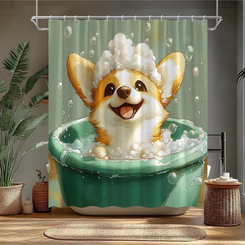 

Cute Dog Shower Curtain Corgi Dog Taking a Bubble Bath Funny Animal Family Pet Polyester Bathroom Curtains Set with Hooks 90x180CM