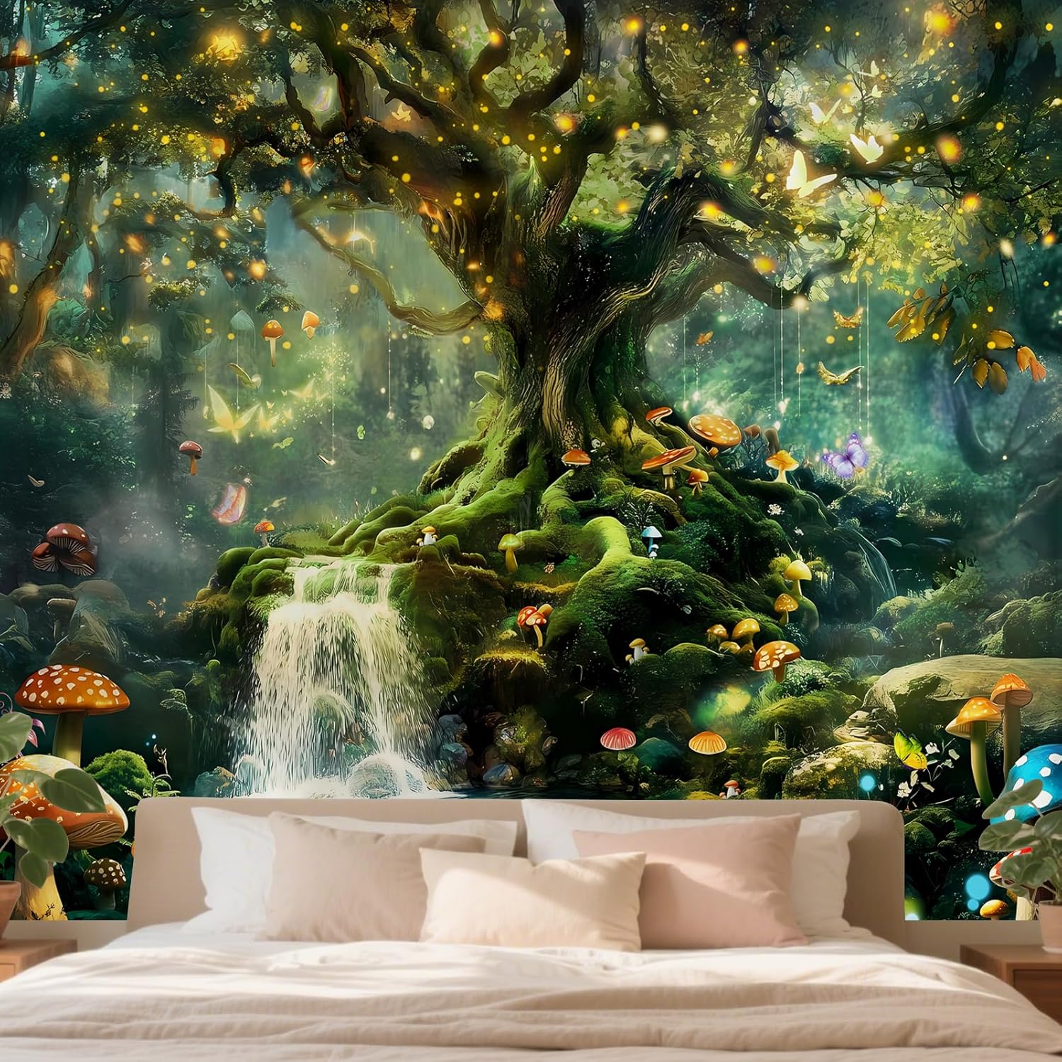 Forest Nature Tapestry Wall Hanging for Bedroom, Green Fantasy Tree of Life Backdrop Tapestries, Fairy Magic Mushroom Landscape 100X70CM