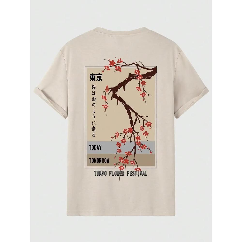 

Сегодня Завтра Фестиваль цветов в Токио Футболка Мужская мода О-образный вырез Футболки Летние хлопковые топы Модные свободные уличные хип-хоп футболки S