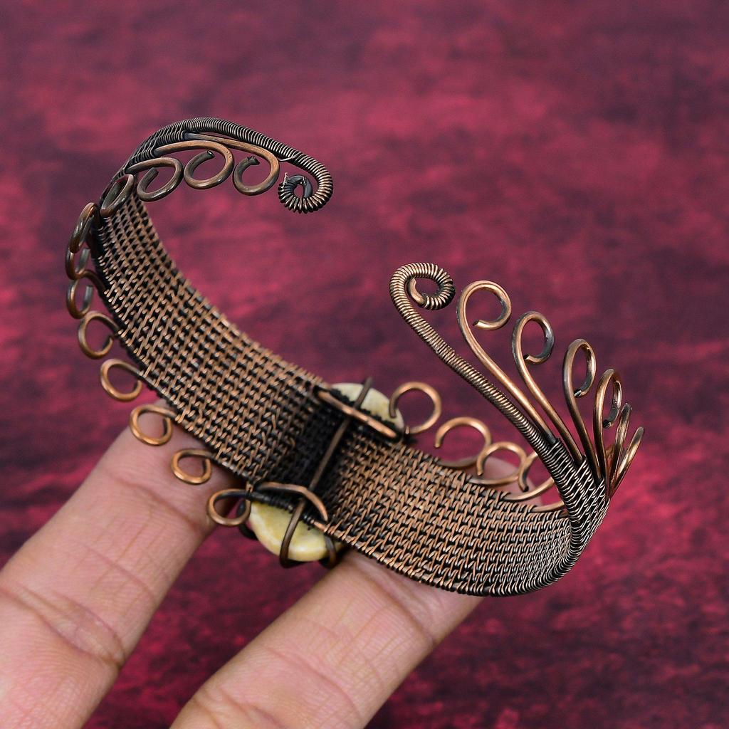 Fossil Coral Natural Gemstone Bangle Copper Wire Wrapped Adjustable Cuff Bracelet