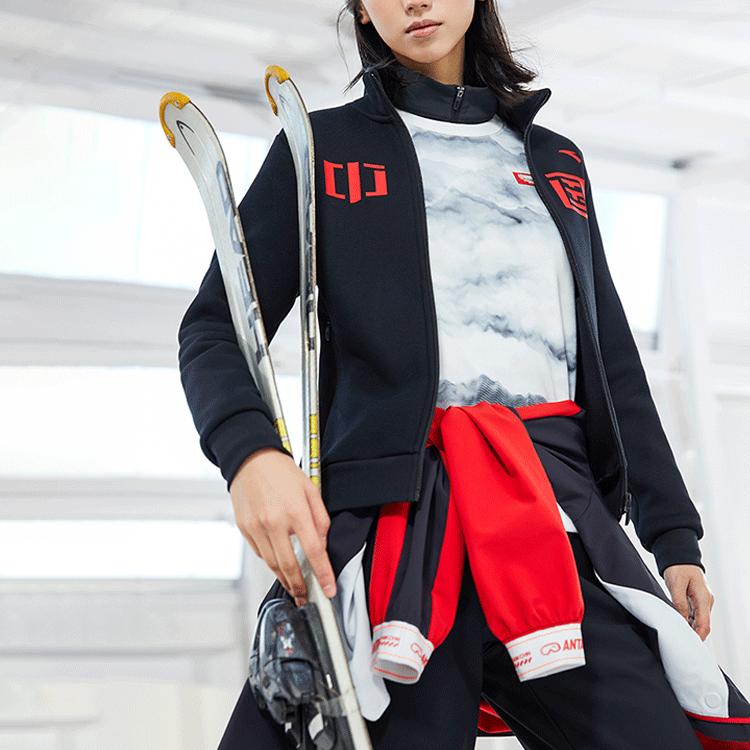 Anta Solid Color Stand Collar Sports Zip Jacket Women Outerwear Black 162217756-4