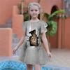 Girls Textured Kitten Print Dresses Kids Girl Party Dress Loose Fitting Loose Fitting Short Sleeved Skirt For Girls Over Four Years Old