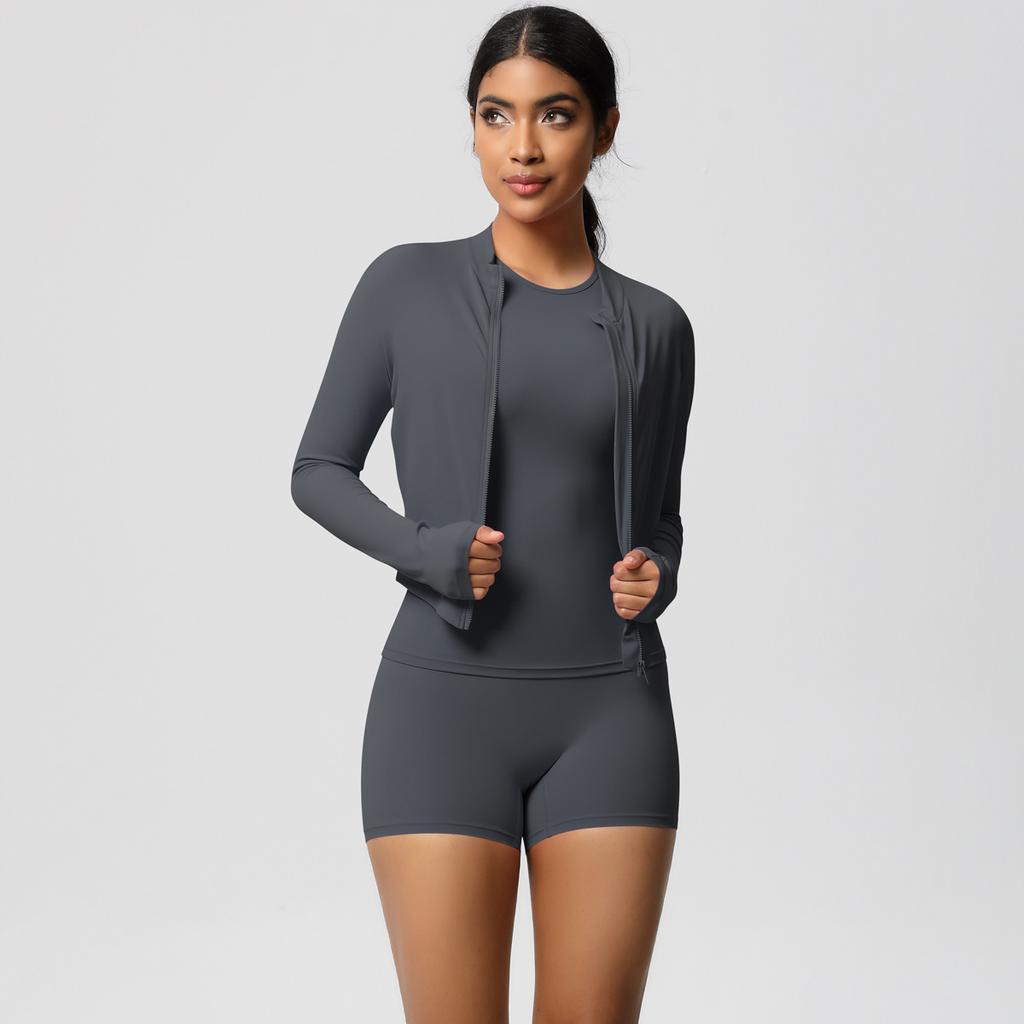Naked Cardigan Jacket Round Neck Short Sleeved Three Piece Casual Yoga Running Fitness Suit Set For Women