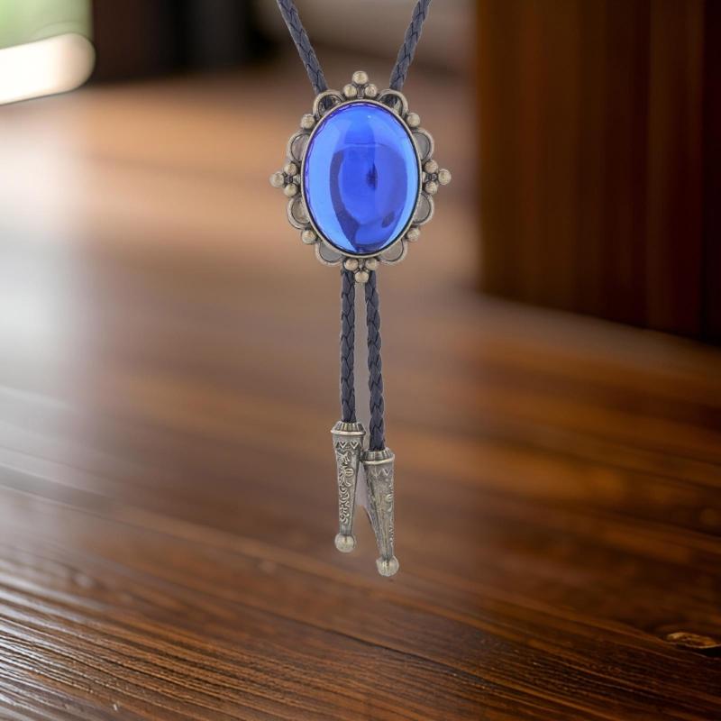 Handmade Vintage Jewelry Bolo Tie for Women Men Western Cowboy Artificial Leather Rope Necktie with Oval Stone Pendant