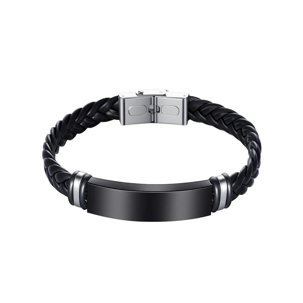 European & American Minimalist Braided Leather Bracelet with Engravable Stainless Steel Plate