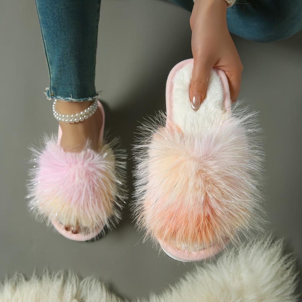 Ultra-Long Colored Plush Slippers Women'S Home Indoor Couple Home Straight Plush Slippers, Women Shoes