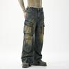 American High Street Retro Work Style Multi-pocket Wide-leg Jeans for Men Loose Straight