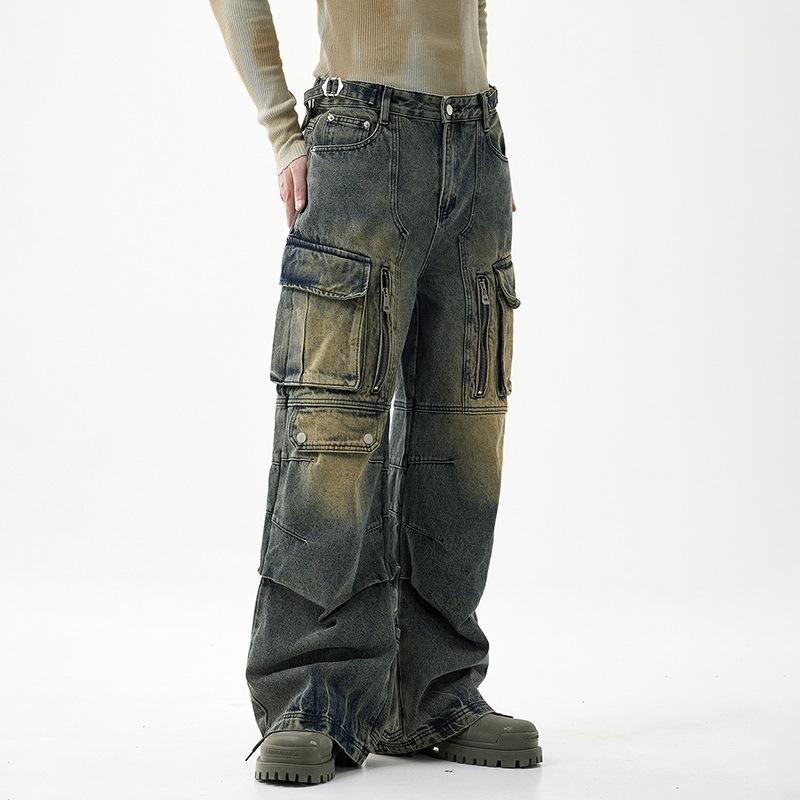 American High Street Retro Work Style Multi-pocket Wide-leg Jeans for Men Loose Straight