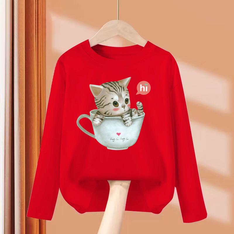 Kid Long Sleeves T-Shirt Fashionable Creativity Cartoon Kitty Cute Cat Print Autumn Casual Sports Versatile Comfortable Loose T-Shirt