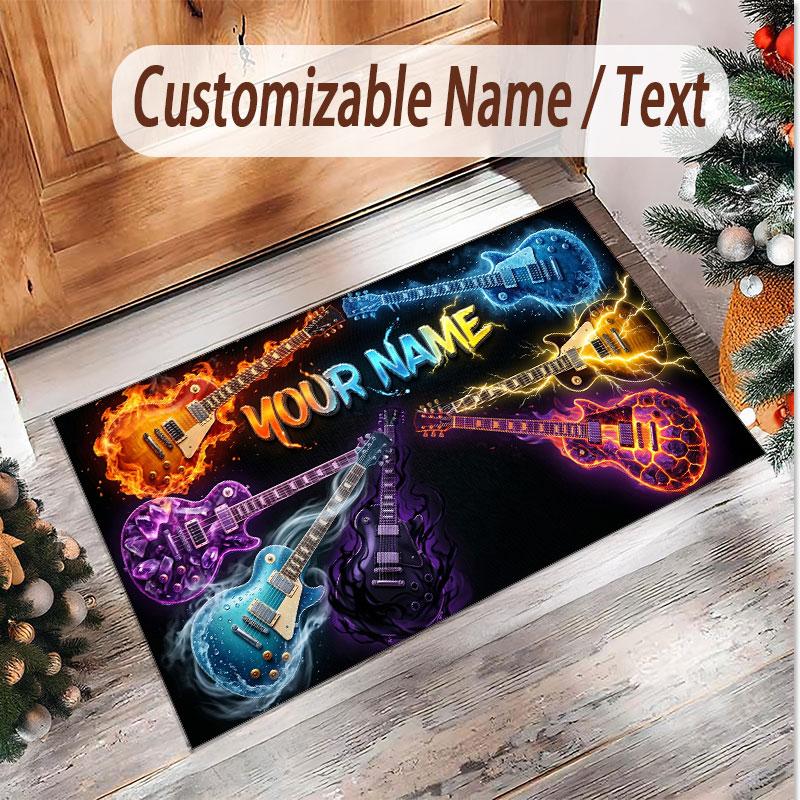 Music Guitar Theme Soft Crystal Velvet Rug Custom Name & Text Print Non Slip Floor Rug for Bedroom Living Room