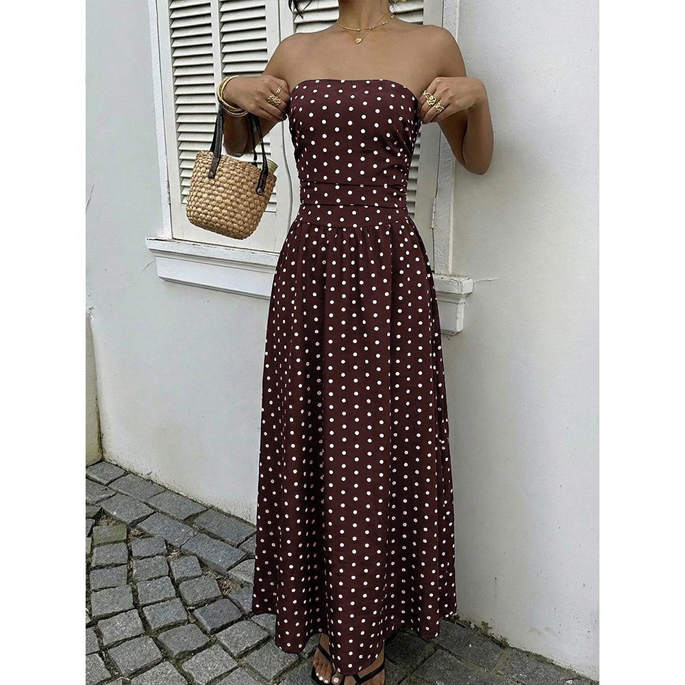 Damen Gepunktete Trägerlose Sommerkleider, Elastischer Rücken Gerafft Strandurlaub Outfits Vintage Elegant Maxikleid