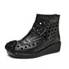 Johnature Genuine Leather Summer Hollow Out Boots Retro Handmade Round Toe Breathable Wedge Sandals Women's Shoes
