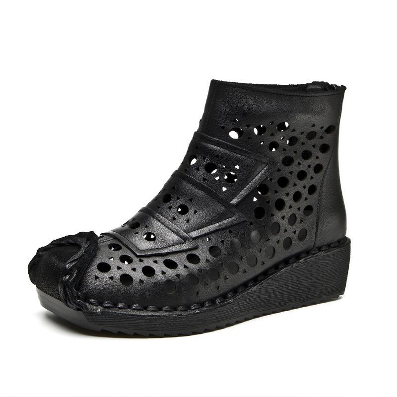 Johnature Genuine Leather Summer Hollow Out Boots Retro Handmade Round Toe Breathable Wedge Sandals Women's Shoes