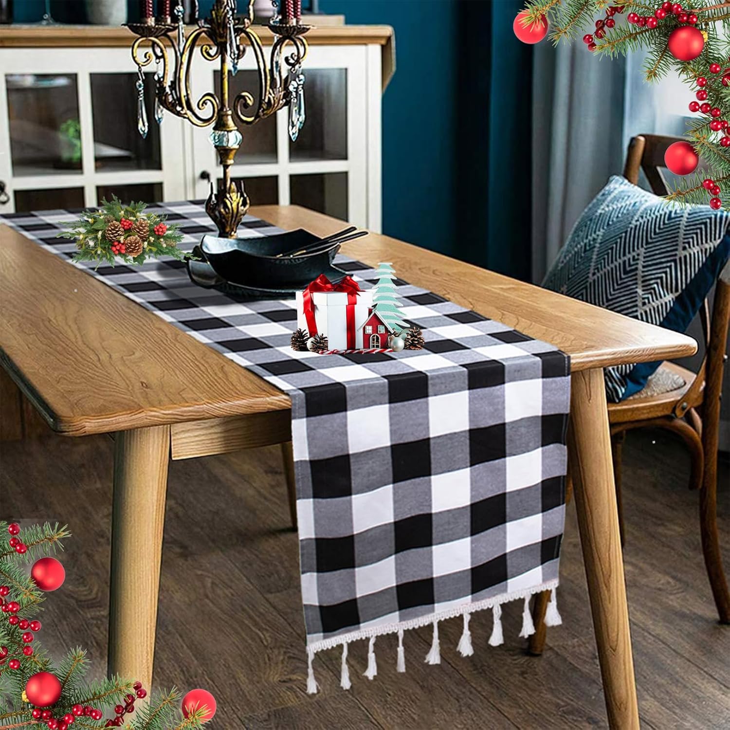 

Buffalo Plaid Table Runner Black and White Checkered Tables Runners with Tassel Linen Christmas Decor Gingham TableRunner Rustic 1 pieces&30x45cm placemat