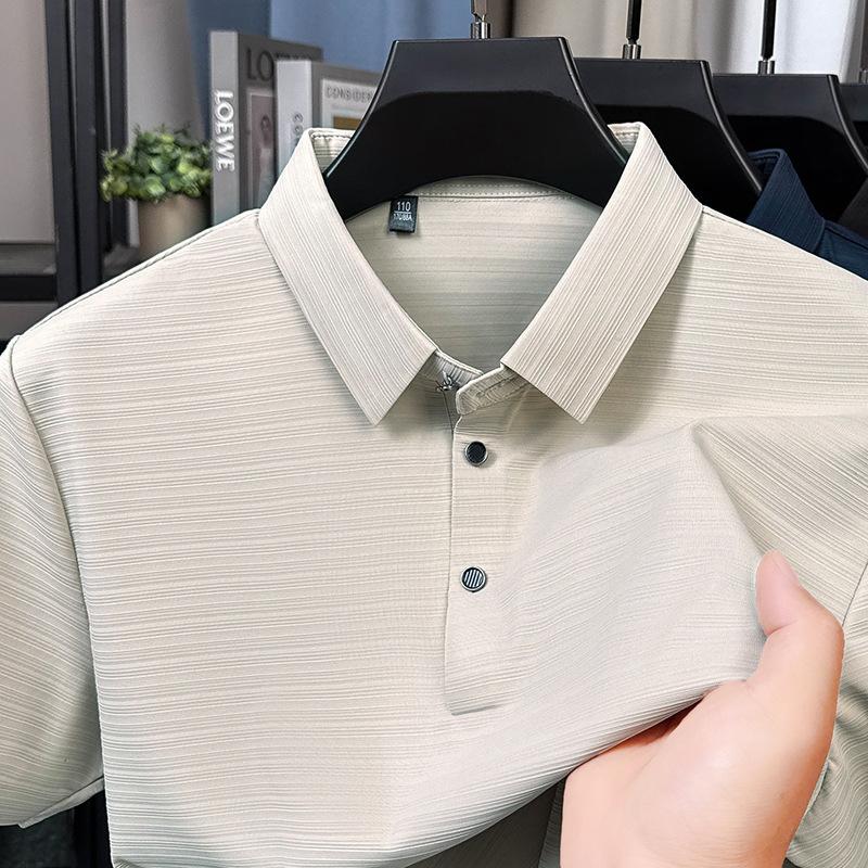 Seamless Stretch Short-Sleeved Polo Shirt for Men – Lightweight, Cooling Ice Silk, Loose-Fit Collared T-Shirt for Middle-Aged Men