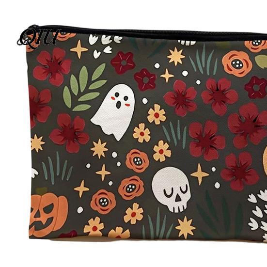 Smooth Zipper Storage Pouch Bag, with Halloween Pattern Printed, Ghost Design Bag Canvas Makeup Large Capacity Travel Cosmetic Wear-resistant