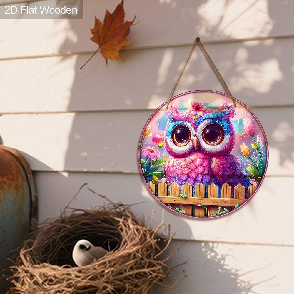 2D flat wooden hanging decorative signs, home wall or door decoration, garden decoration, the pattern is a purple owl, housewarming gift for friends