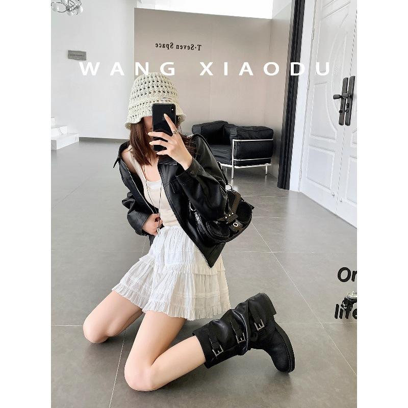 Cowhide version~ Wang Xiaodu has the same leather height increase of 4.5cm stacked Martin Knight boots women's medium tube western trouser tube boots