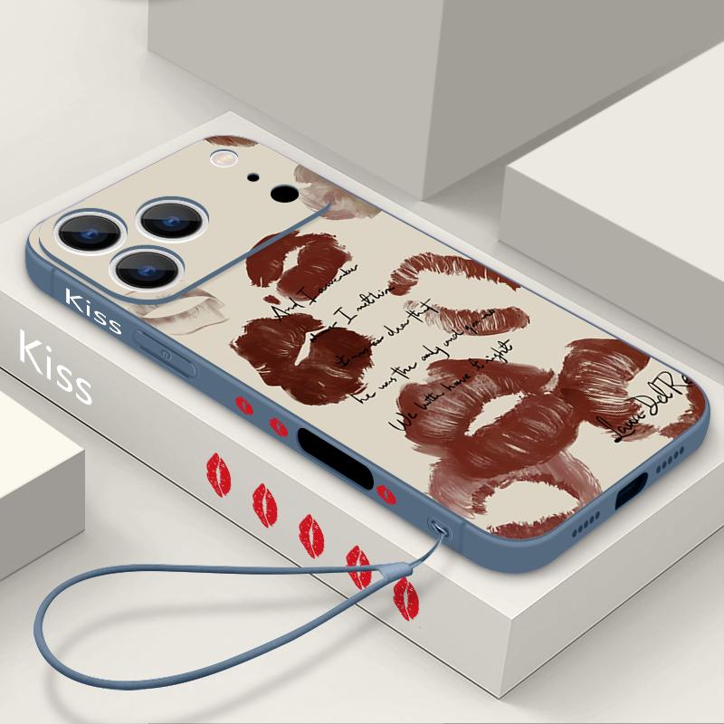 Custodia con Laccetto e Fantasia Baci Labbra per iPhone 17 Pro Max Funda iPhone 16 15 14 13 Pro Max 11 16E 17E Cover Morbida in Silicone