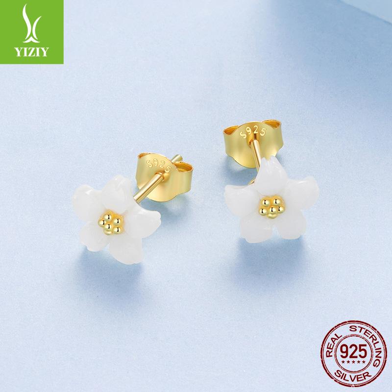 S925 Sterling Silver Cherry Blossom White Fritillary Stud Earrings For Women, Summer Simple Flower Stud Earrings