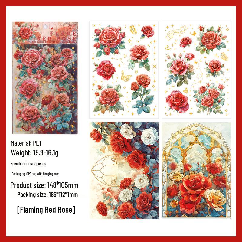 Yuezhen Rose Die-Cut Waterproof PET Journal Stickers - Creative Floral Designs