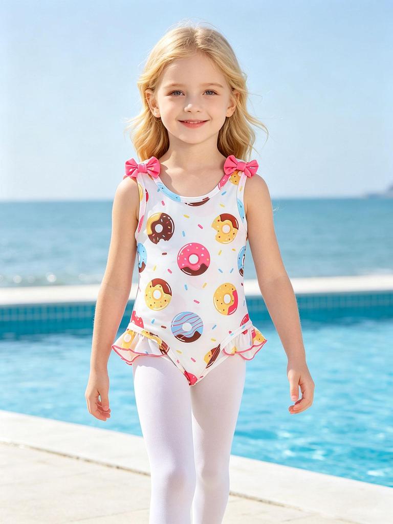 One Piece Swimsuit for Little Girls, Sleeveless Ruffle Donut Print Bathing Suit for Kids 1-8 Years